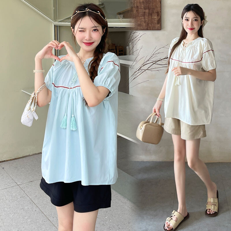 Ljetne slatke majice s kićankama na v-izrez za trudnice Prugasta patchwork labava modna pamučna bluza za trudnice Top za trudnice