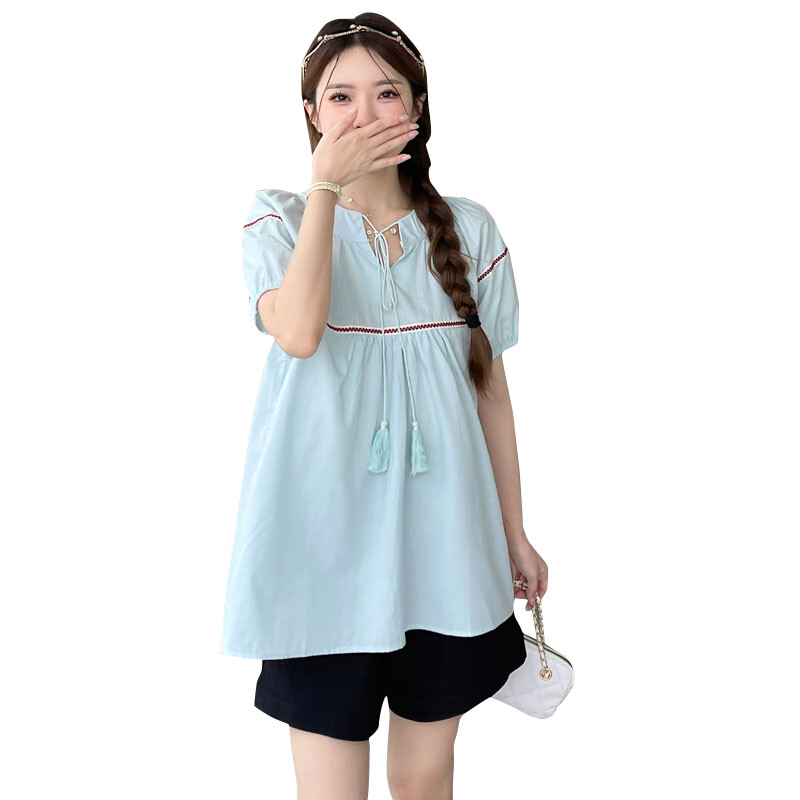 Ljetne slatke majice s kićankama na v-izrez za trudnice Prugasta patchwork labava modna pamučna bluza za trudnice Top za trudnice