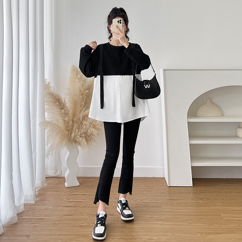 Rudens lentes svītrains, melns balts, raibs, brīvs grūtnieču krekls liela izmēra grūtnieces blūze, brīva grūtniecības krekls