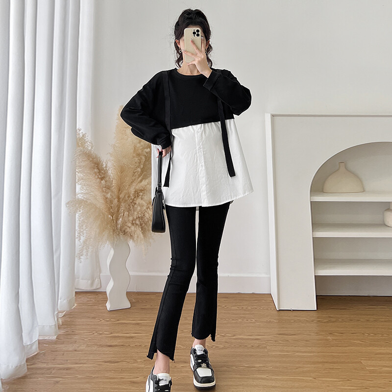 Rudens lentes svītrains, melns balts, raibs, brīvs grūtnieču krekls liela izmēra grūtnieces blūze, brīva grūtniecības krekls