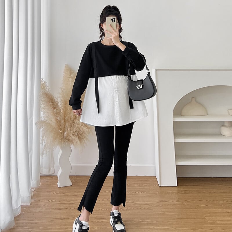 Rudens lentes svītrains, melns balts, raibs, brīvs grūtnieču krekls liela izmēra grūtnieces blūze, brīva grūtniecības krekls