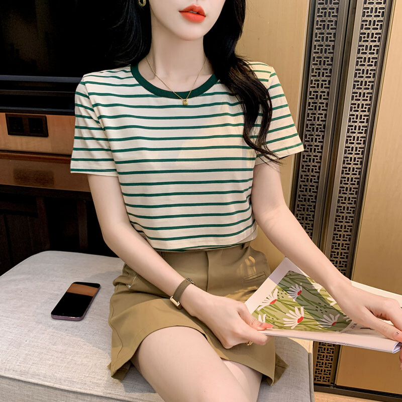 Prugaste pamučne majice za trudnice i dojilje Majice za dojenje za trudnice Ljetne majice kratkih rukava s O izrezom Majice za trudnice