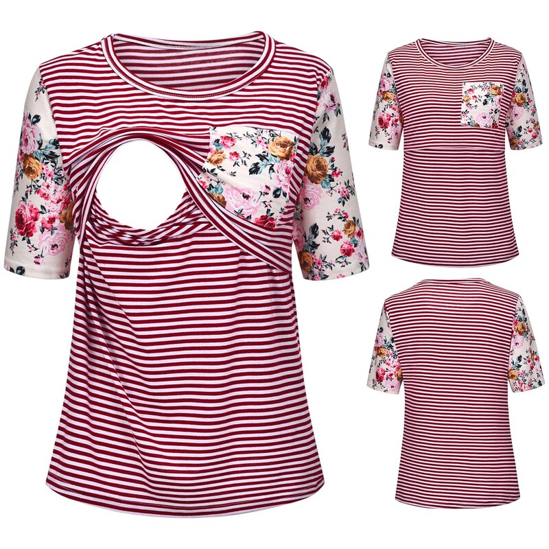 Grūtnieču svītraini krekli Vasaras īsām piedurknēm svītraini ar apdruku barošanas topi Grūtniecības tops zīdīšanai платье для беременных
