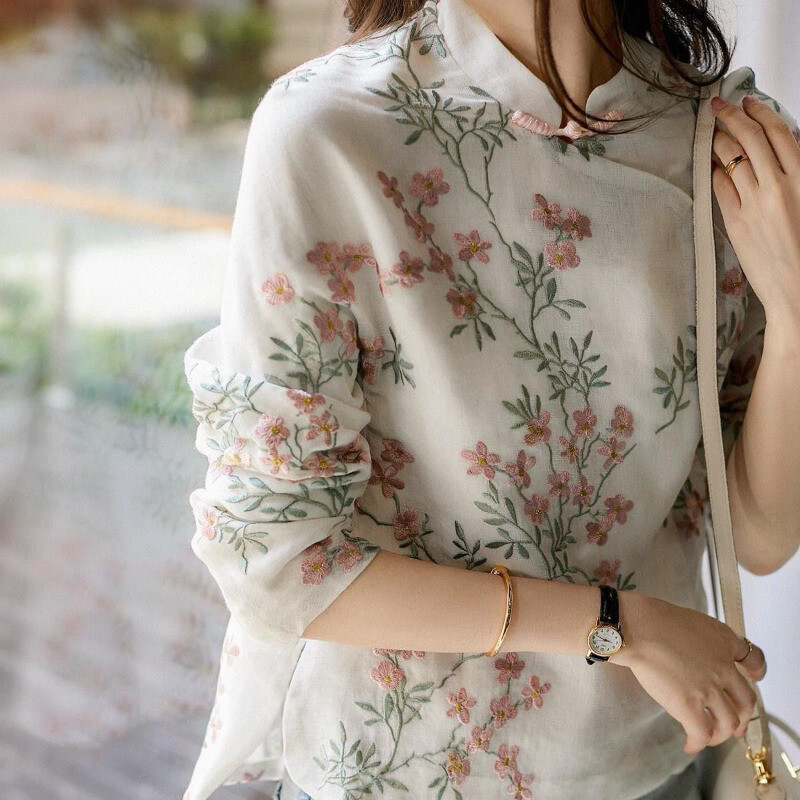 Retro trudničke ženske poboljšane Qipao majice u kineskom stilu proljeće/ljeto Nova majica od šifona s printom dugih rukava Majica za trudnice LF034
