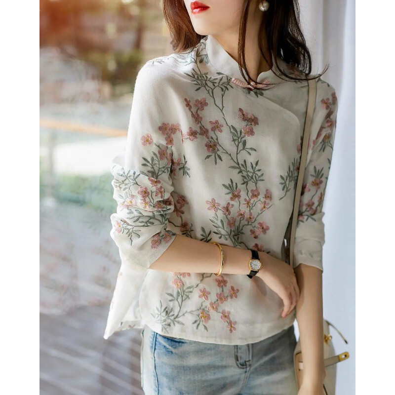 Retro trudničke ženske poboljšane Qipao majice u kineskom stilu proljeće/ljeto Nova majica od šifona s printom dugih rukava Majica za trudnice LF034