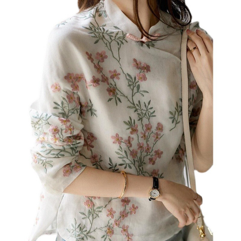 Retro trudničke ženske poboljšane Qipao majice u kineskom stilu proljeće/ljeto Nova majica od šifona s printom dugih rukava Majica za trudnice LF034