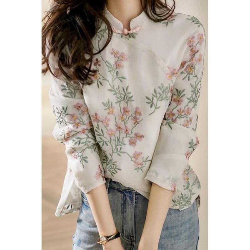 Retro trudničke ženske poboljšane Qipao majice u kineskom stilu proljeće/ljeto Nova majica od šifona s printom dugih rukava Majica za trudnice LF034