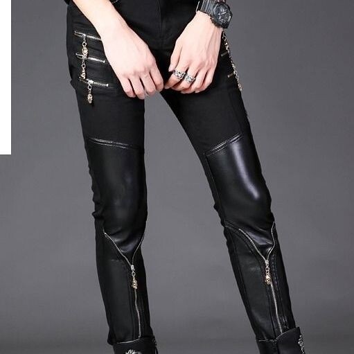 2024. Nove muške uske hlače, mladenačke kožne patchwork hlače s patentnim zatvaračem, ravne nogavice