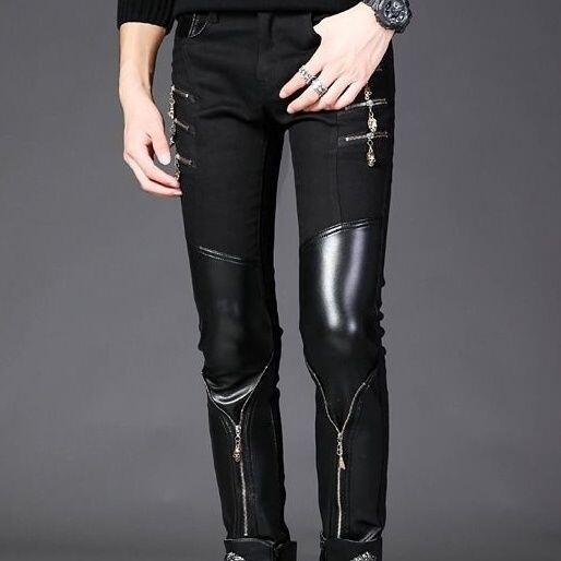 2024. Nove muške uske hlače, mladenačke kožne patchwork hlače s patentnim zatvaračem, ravne nogavice