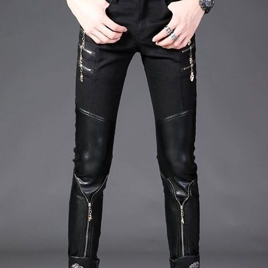 2024. Nove muške uske hlače, mladenačke kožne patchwork hlače s patentnim zatvaračem, ravne nogavice