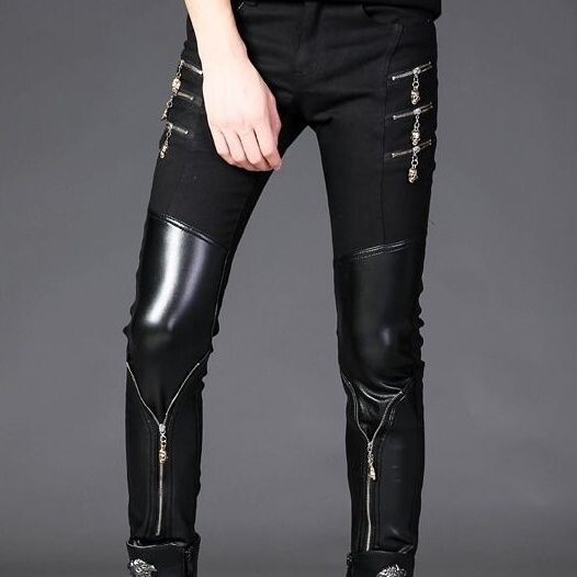2024. Nove muške uske hlače, mladenačke kožne patchwork hlače s patentnim zatvaračem, ravne nogavice