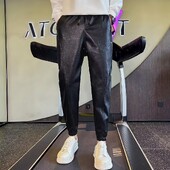 Őszi műbőr hárem nadrág férfiaknak fekete utcai viselet elasztikus derék Hip Hop PU nadrág motoros cipzár férfi kocogó y2k nadrág