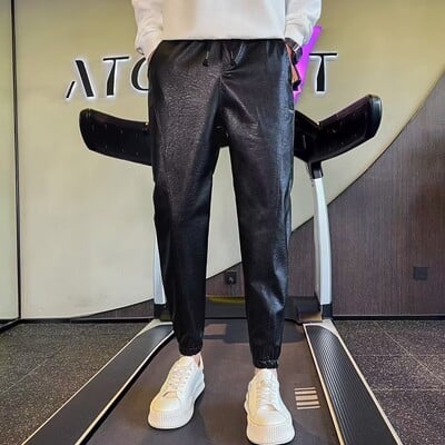 Őszi műbőr hárem nadrág férfiaknak fekete utcai viselet elasztikus derék Hip Hop PU nadrág motoros cipzár férfi kocogó y2k nadrág