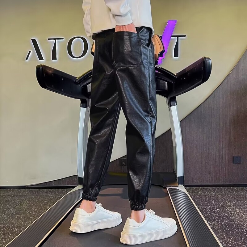 Őszi műbőr hárem nadrág férfiaknak fekete utcai viselet elasztikus derék Hip Hop PU nadrág motoros cipzár férfi kocogó y2k nadrág