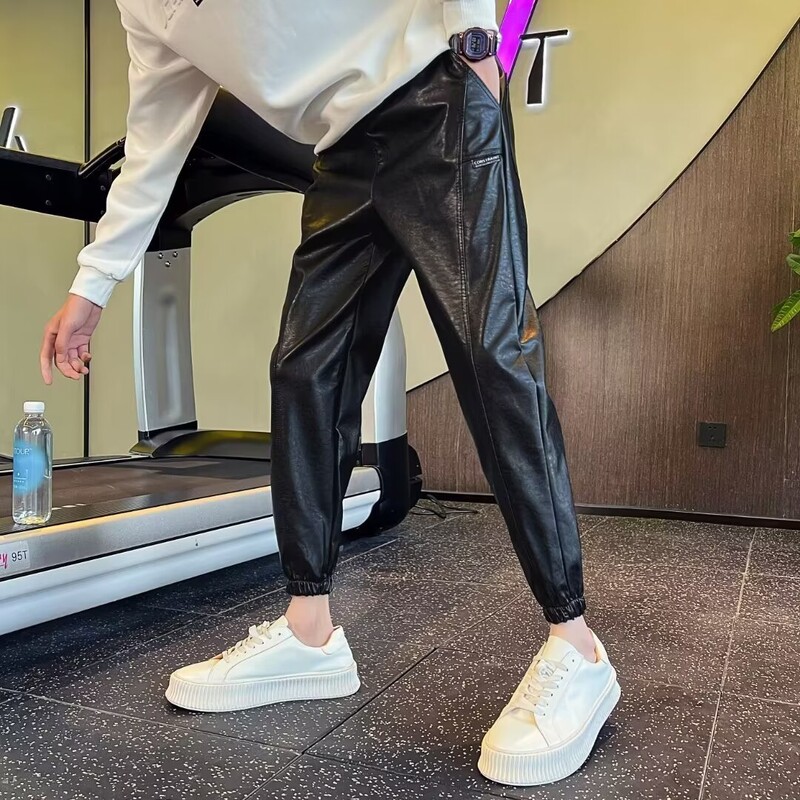 Őszi műbőr hárem nadrág férfiaknak fekete utcai viselet elasztikus derék Hip Hop PU nadrág motoros cipzár férfi kocogó y2k nadrág