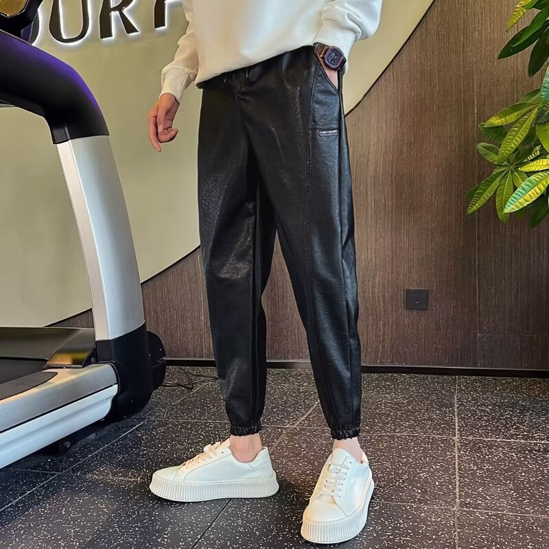 Őszi műbőr hárem nadrág férfiaknak fekete utcai viselet elasztikus derék Hip Hop PU nadrág motoros cipzár férfi kocogó y2k nadrág