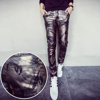 YASUGUOJI New 2022 есенен пънк стил моден принт Панталони от изкуствена кожа Men.slim Fit Pencil Pants Pantalon Homme Мъжко облекло