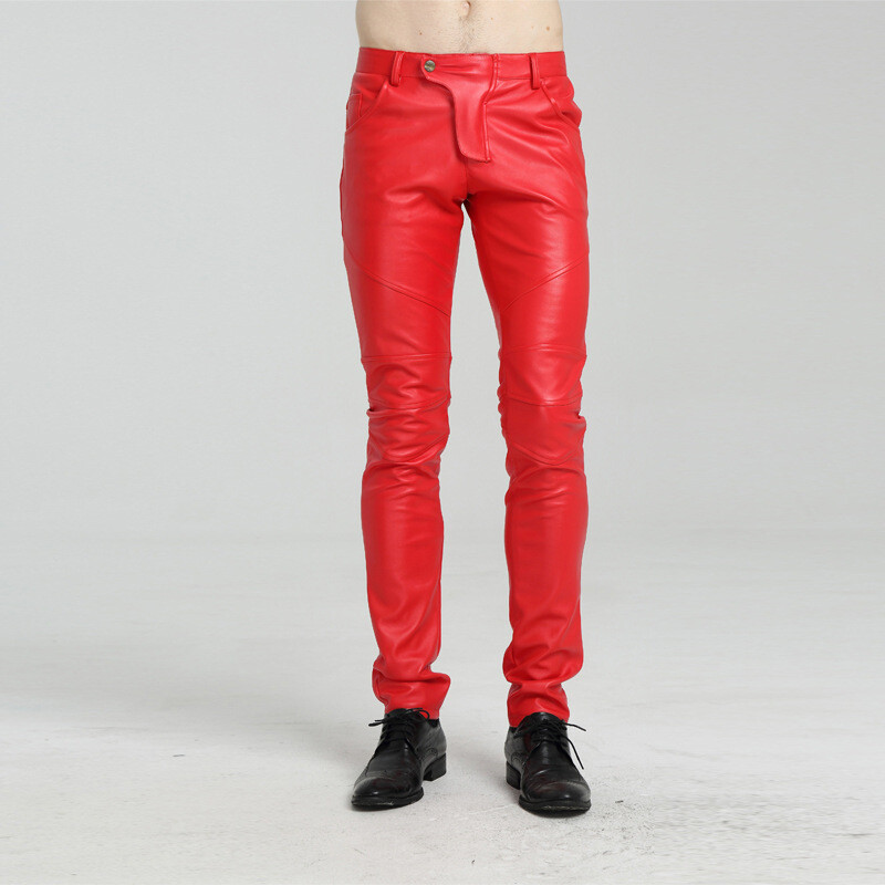 Vīriešu mākslīgās ādas vīriešu modes roka stila nakts kluba deju bikses, šauras motocikla bikses izvēles PU ādas bikses