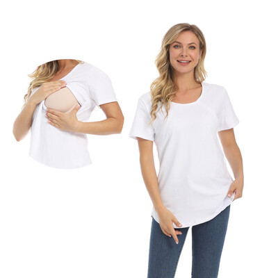 Emotion Moms New Women Maternel T-Shirt Short Sleeve Stretch Cotton Tops Zipper Breastfeeding Широки бременни дрехи Голям размер