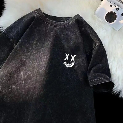 Madingi retro rožinės spalvos grafiniai marškinėliai vyrams ir moterims vasaros amerikietiškos poros, laisvalaikio trumpomis rankovėmis harajuku