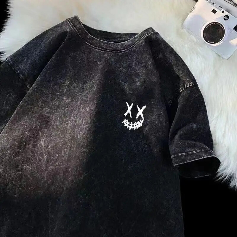 Madingi retro rožinės spalvos grafiniai marškinėliai vyrams ir moterims vasaros amerikietiškos poros, laisvalaikio trumpomis rankovėmis harajuku