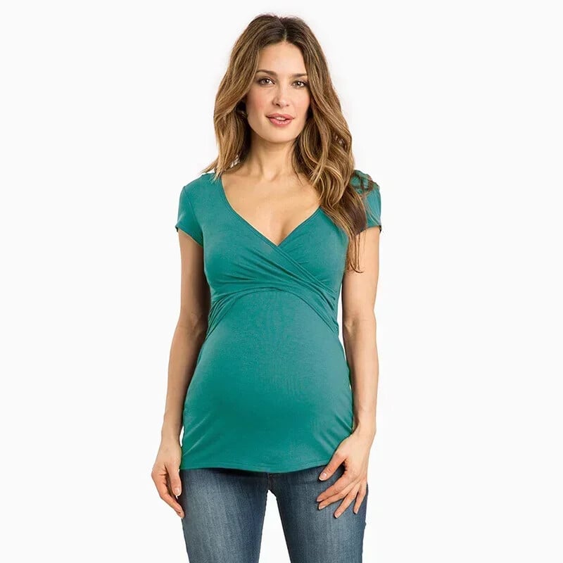 Nauji trumpomis rankovėmis nešiojami žindymo marškinėliai nėščioms moterims V formos iškirpte