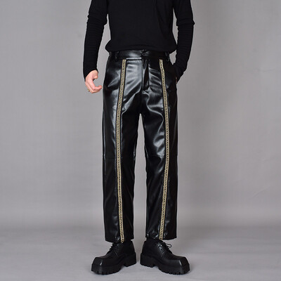 PFNW Férfi Trend Márka Sötét Elegáns Spliced Niche Design Alkalmi, Egyenes bőr Őszi Fodrász Laza lábú Vágott nadrág 12Z7123