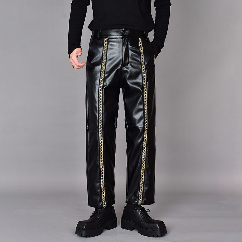 PFNW Férfi Trend Márka Sötét Elegáns Spliced Niche Design Alkalmi, Egyenes bőr Őszi Fodrász Laza lábú Vágott nadrág 12Z7123