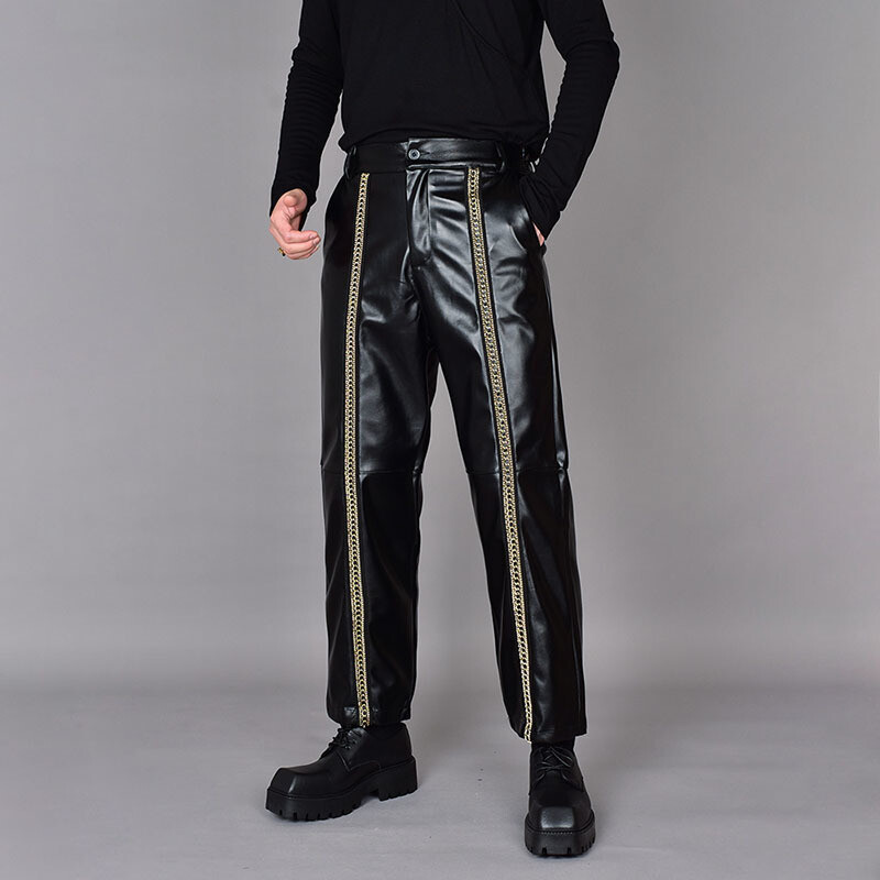 PFNW Férfi Trend Márka Sötét Elegáns Spliced Niche Design Alkalmi, Egyenes bőr Őszi Fodrász Laza lábú Vágott nadrág 12Z7123