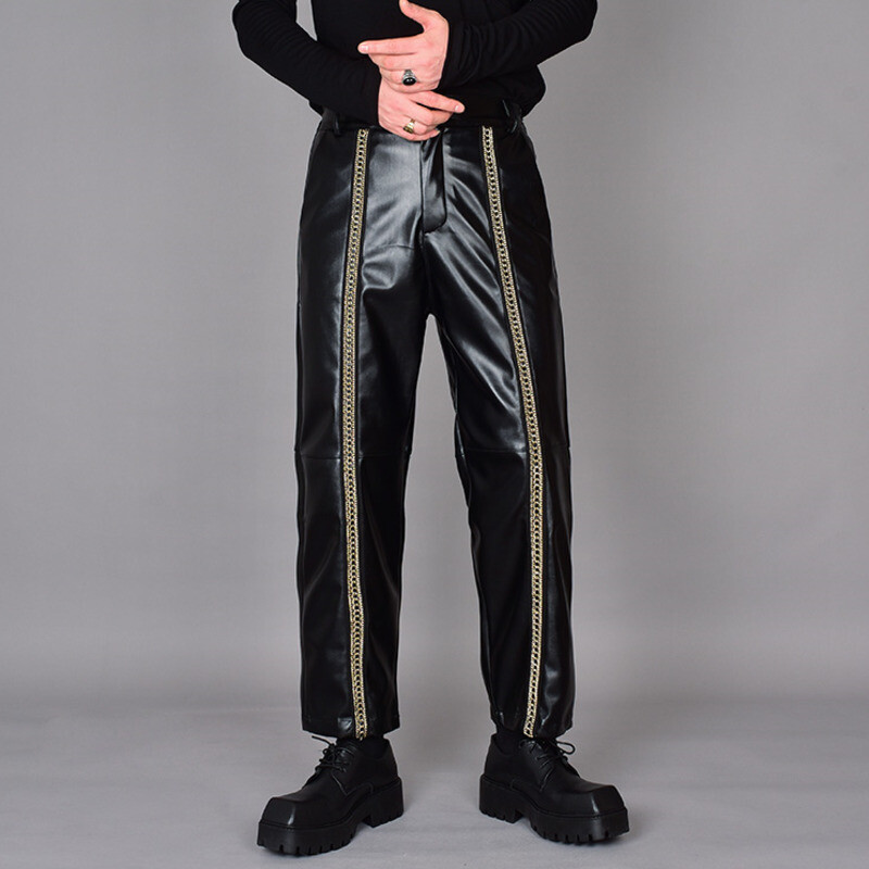 PFNW Férfi Trend Márka Sötét Elegáns Spliced Niche Design Alkalmi, Egyenes bőr Őszi Fodrász Laza lábú Vágott nadrág 12Z7123