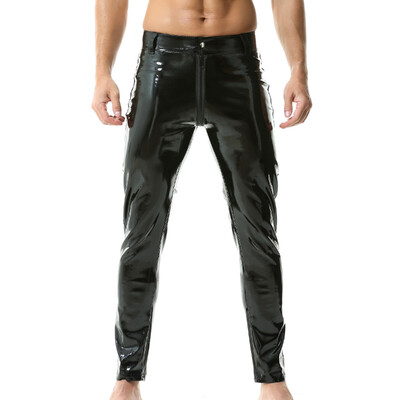 Pantaloni din piele PU lucioasă pentru bărbați Fermoar Crochet Negru, lucios, aspect umed, PVC, latex, pantaloni drepti, motociclist, îmbrăcăminte de club de dans pentru bărbați