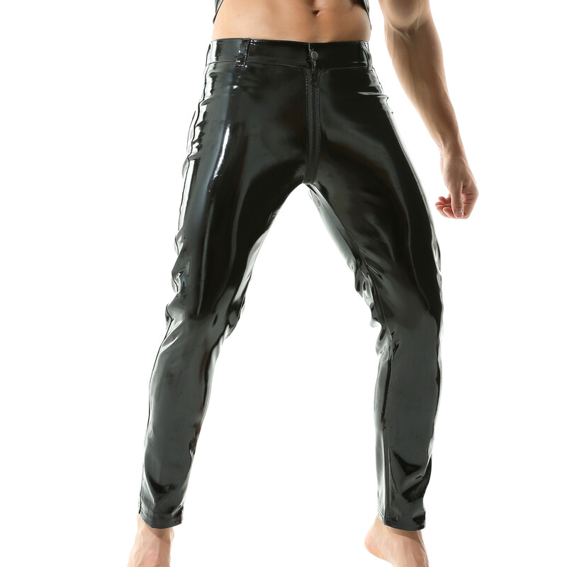 Muške hlače od sjajne PU kože, međunožje s patentnim zatvaračem, crne, sjajne mokre PVC lateks ravne hlače Motoristička muška plesna klupska odjeća