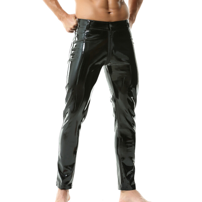 Muške hlače od sjajne PU kože, međunožje s patentnim zatvaračem, crne, sjajne mokre PVC lateks ravne hlače Motoristička muška plesna klupska odjeća