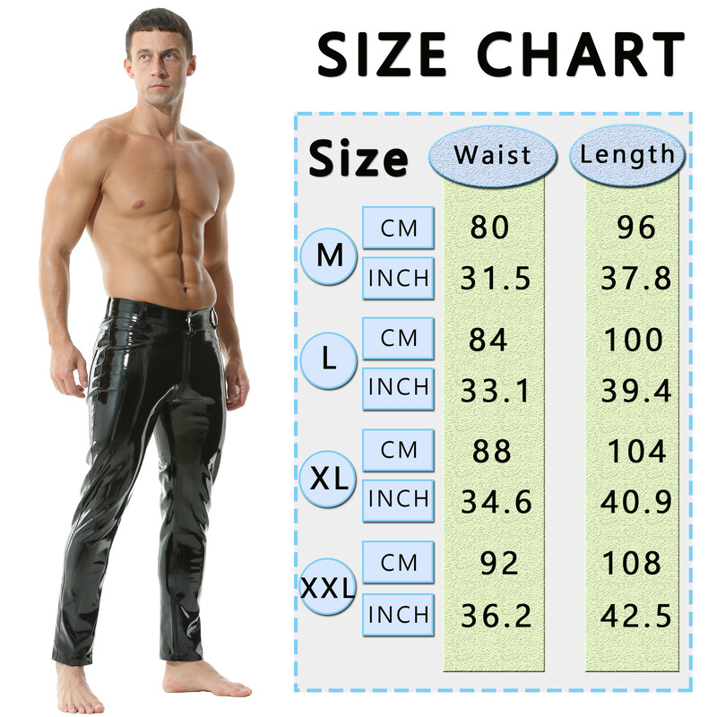 Muške hlače od sjajne PU kože, međunožje s patentnim zatvaračem, crne, sjajne mokre PVC lateks ravne hlače Motoristička muška plesna klupska odjeća