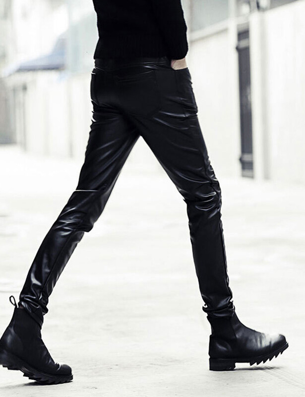 Idopy férfi műbőr nadrág vékony koreai stílusú punk fekete rugalmas PU puha nadrág férfi nadrág