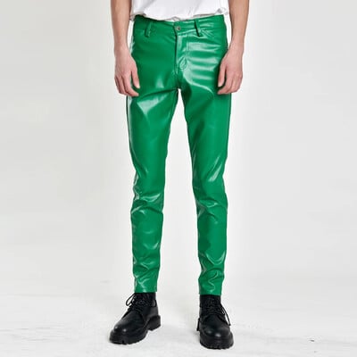 Pantaloni subțiri din piele pentru tineret de primăvară și vară pentru bărbați, elastici, slim fit, populari, cu bară verde, portocalii, respirabili, pantaloni din piele pentru bărbați