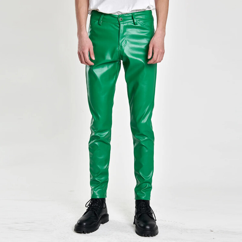 Pantaloni subțiri din piele pentru tineret de primăvară și vară pentru bărbați, elastici, slim fit, populari, cu bară verde, portocalii, respirabili, pantaloni din piele pentru bărbați