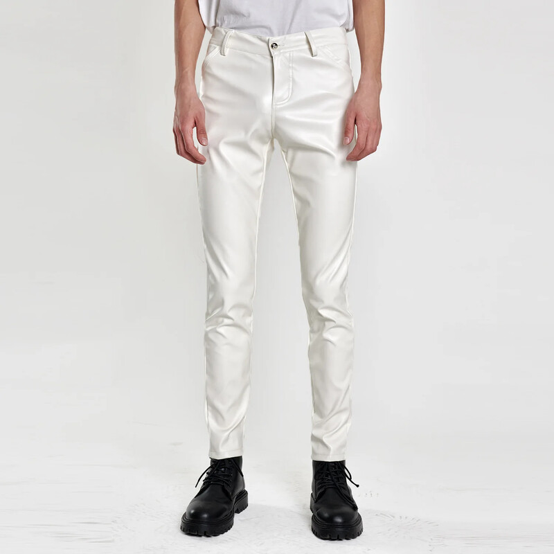 Pantaloni subțiri din piele pentru tineret de primăvară și vară pentru bărbați, elastici, slim fit, populari, cu bară verde, portocalii, respirabili, pantaloni din piele pentru bărbați