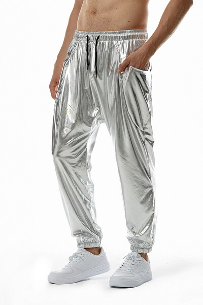 Pantaloni de trening din piele PU metalică strălucitoare Pantaloni îmbrăcați cu aur hip hop pentru discoteca Costum de club de noapte Pantaloni de spectacol pentru cântăreți