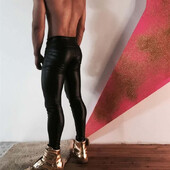 Jambiere negri Pantaloni elastici cu creion strălucitor Unisex Bărbați Vară Pantaloni subțiri din piele PU cu talie înaltă