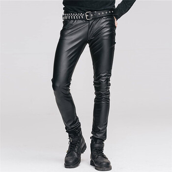 Модни мъжки панталони от изкуствена кожа Idopy Stage Performance Punk Motorcycle Biker Slim Fit PU парти панталони за мъже