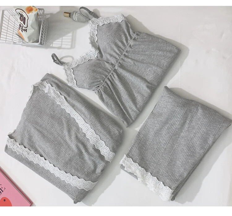 Mežģīņu savārstījums Kokvilnas grūtnieču barošanas guļamveļa Elegants brīvs pidžamas uzvalks grūtniecēm Mājas miega atpūtas apģērbs 3 gab.