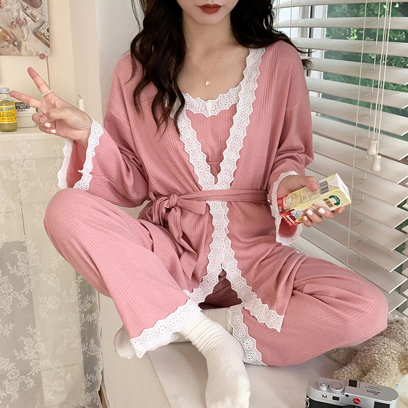 Mežģīņu savārstījums Kokvilnas grūtnieču barošanas guļamveļa Elegants brīvs pidžamas uzvalks grūtniecēm Mājas miega atpūtas apģērbs 3 gab.