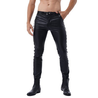 Pantaloni din piele din latex pentru bărbați Pantaloni strălucitori din piele artificială cu talie joasă Pantaloni strânși la modă pentru spectacole de club pentru spectacole de rock