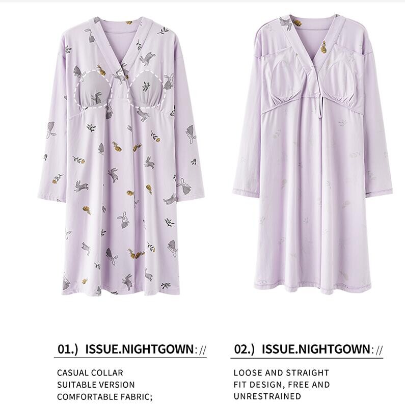 Rudens ilgomis rankovėmis pagimdžiusi moteris, maitinanti krūtimi, madingi naktiniai marškiniai V formos iškirpte, nėščiųjų slaugytojo suknelė Pijama Lactancia miegui