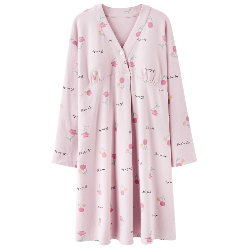 Rudens ilgomis rankovėmis pagimdžiusi moteris, maitinanti krūtimi, madingi naktiniai marškiniai V formos iškirpte, nėščiųjų slaugytojo suknelė Pijama Lactancia miegui