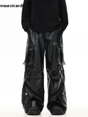 Mauroicardi Toamnă Lungi, Negri, Lungi, Pantaloni Cargo Largi din piele Pu pentru bărbați, buzunare tridimensionale, haine casual largi