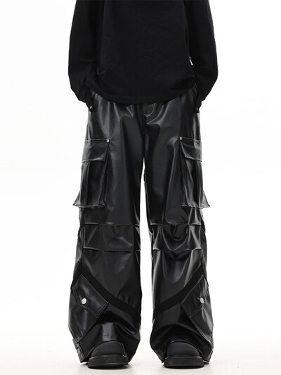 Mauroicardi Toamnă Lungi, Negri, Lungi, Pantaloni Cargo Largi din piele Pu pentru bărbați, buzunare tridimensionale, haine casual largi