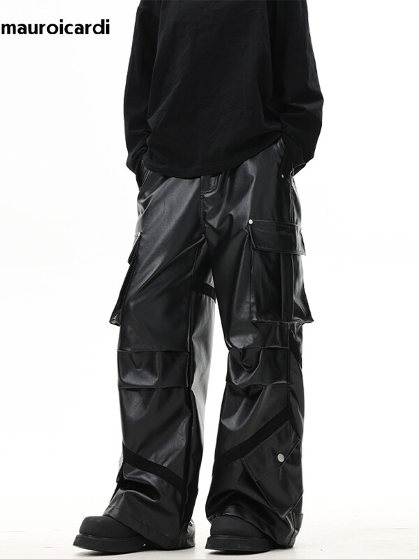 Mauroicardi Toamnă Lungi, Negri, Lungi, Pantaloni Cargo Largi din piele Pu pentru bărbați, buzunare tridimensionale, haine casual largi