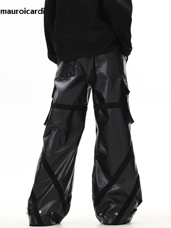 Mauroicardi Toamnă Lungi, Negri, Lungi, Pantaloni Cargo Largi din piele Pu pentru bărbați, buzunare tridimensionale, haine casual largi
